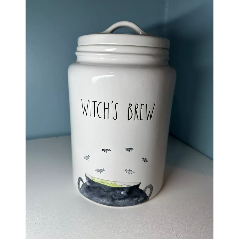 Rae Dunn Halloween Witch's Brew Canister 8.5" Ceramic Cookie Jar Watercolor Bats